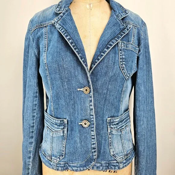 DKNY Jeans Y2K Industrial Chic Tailored Denim Blazer Jacket - Large - Picture 1 of 16